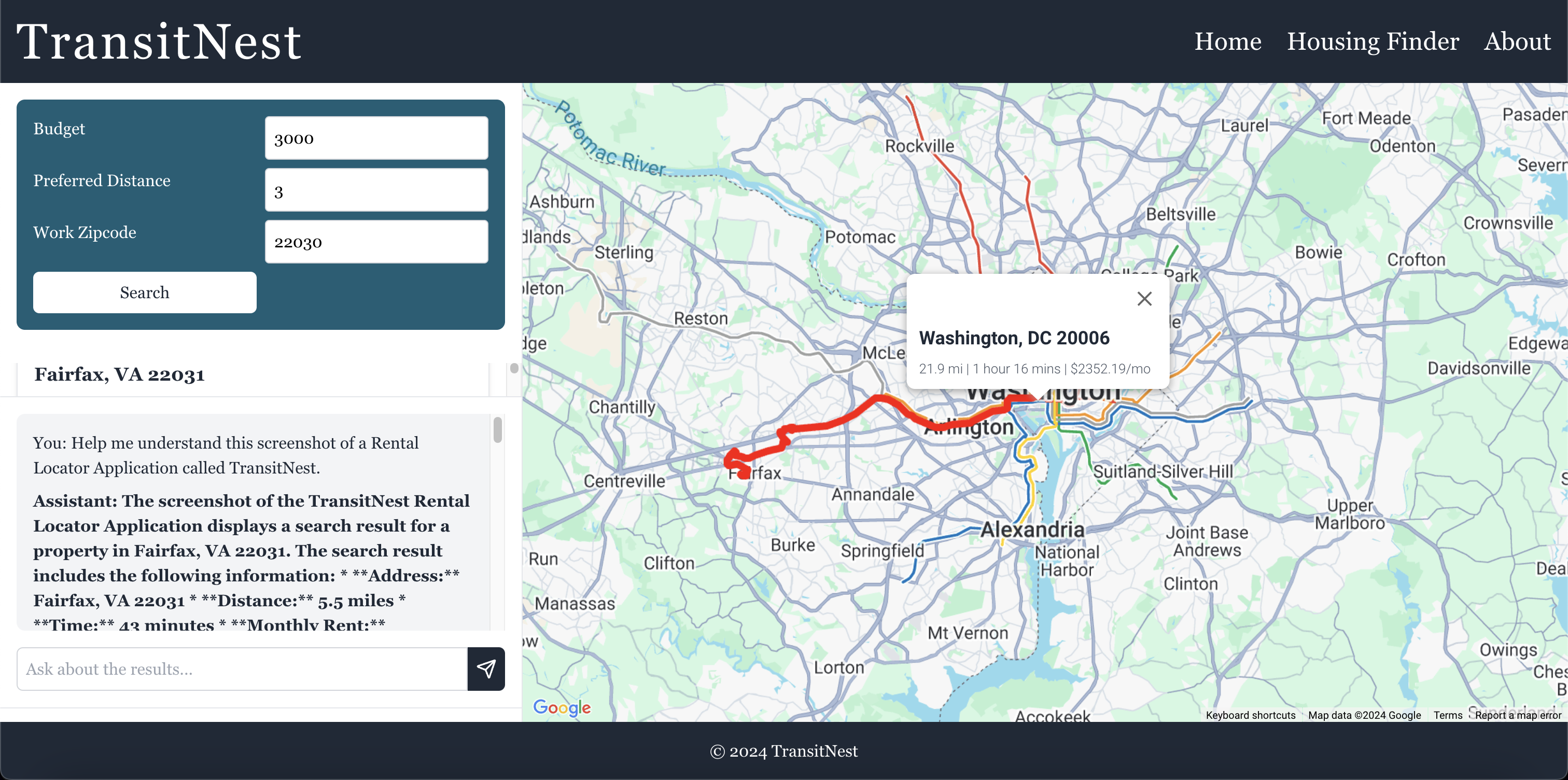Screenshot of the TransitNest application